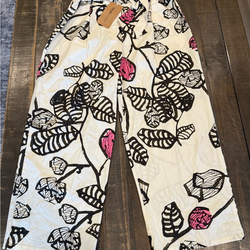 Maude Vivante Riley Boutique Chic Leaf Print Pants XL Cream and Black